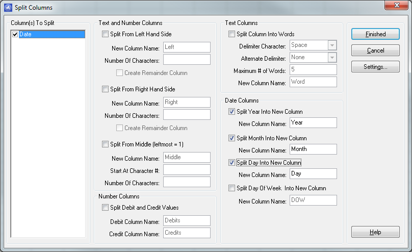 Active Data for Excel: Split Columns